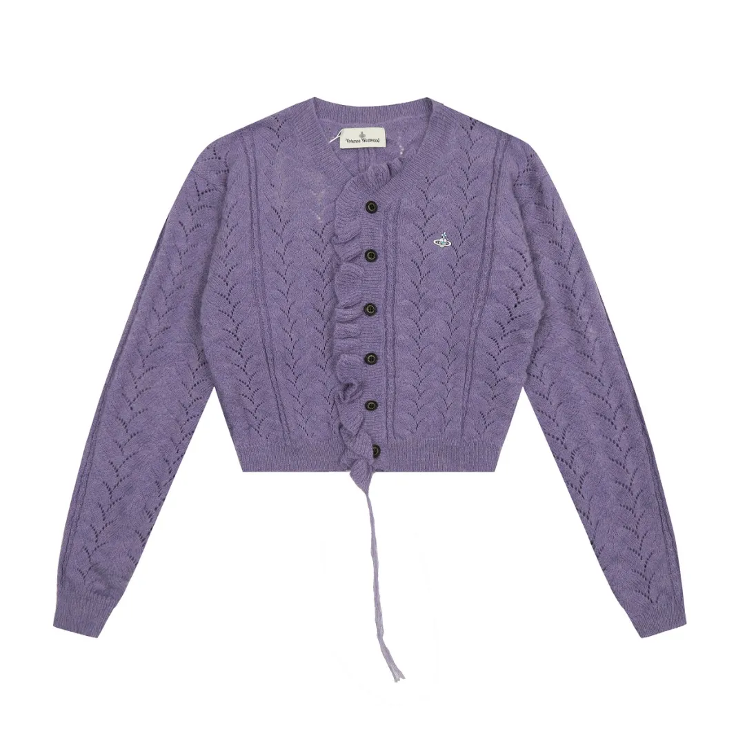 vivienne west wood Vivienne heavy lace classic cardigan knitted sweater wool 2024 autumn latest style 🧩 15% merino cotton wool 85% wool blend 🧩Correct Italian 🇮🇹100% wool washed wheat logo Size: S -M- L Color: black purple gray